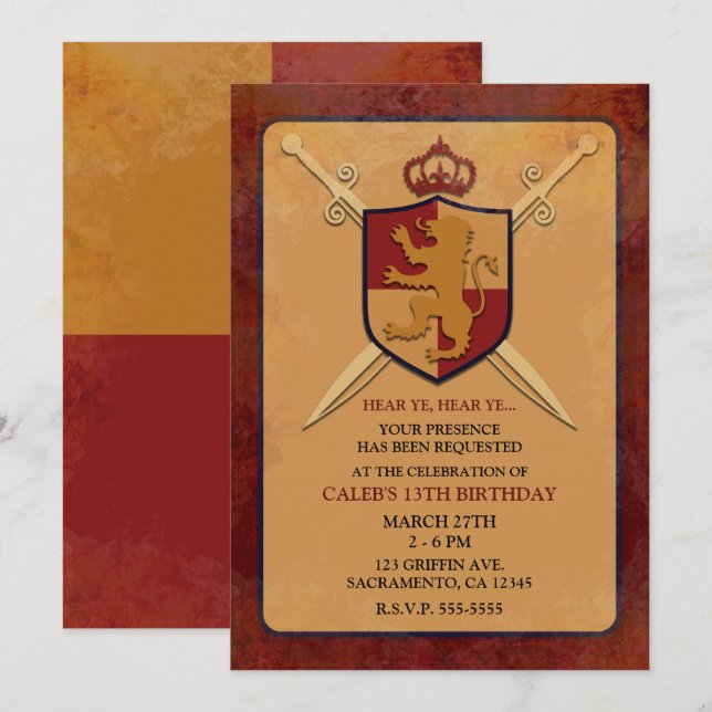 Invitación Maroon & Gold Royal Knight Griffin Shield Fiesta (Anverso / Reverso)