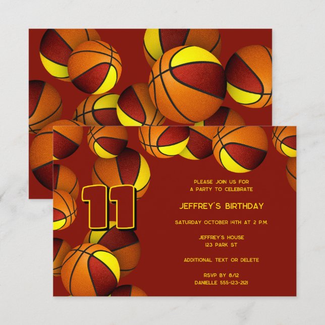 Invitación maroon gold team colores basketball cumpleaños (Anverso / Reverso)