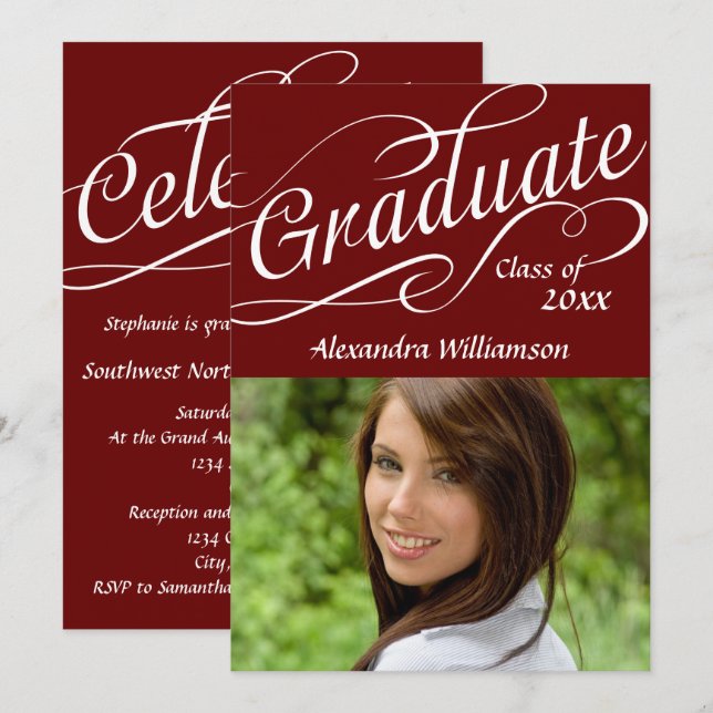 Invitación Maroon Graduate Swirly Script Photo (Anverso / Reverso)