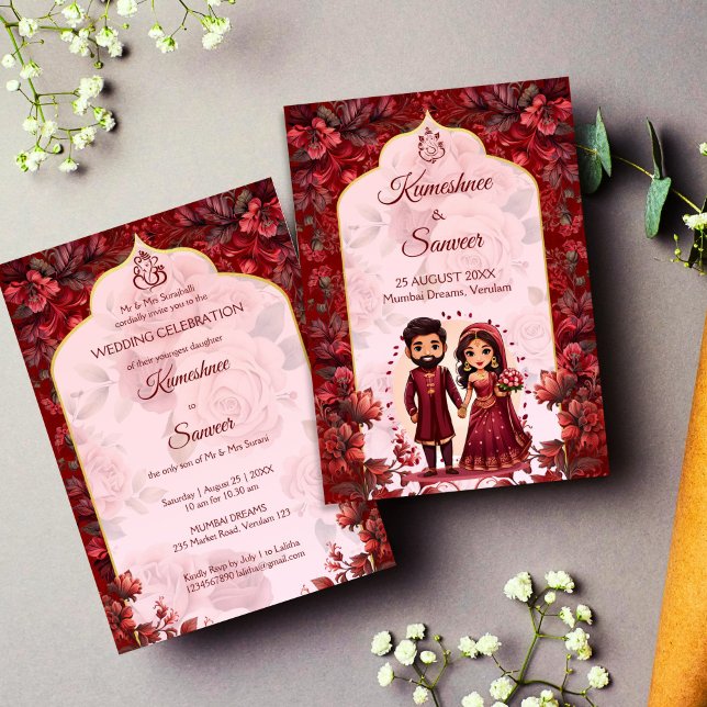 Invitación Maroon lindo boda indio pareja de novias personali (Indian wedding Maroon floral cute Indian bridal couple cartoon Invitation template instant download)