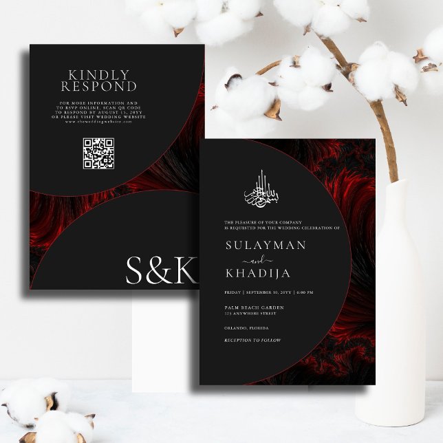 Invitación Maroon Minimal Elegant B&W Código QR Boda islámico (Subido por el creador)
