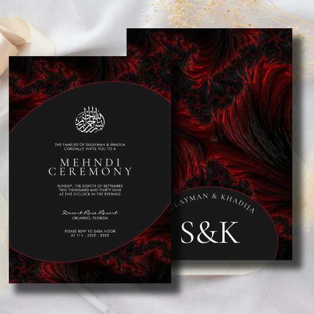 Invitación Maroon Minimal Elegant B&W musulmán Mehndi (Subido por el creador)