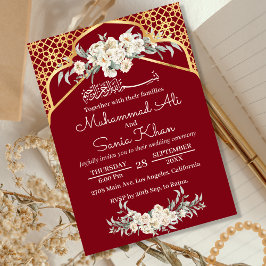 Invitación Maroon Minimal Floral Gold Boda musulmana islámica