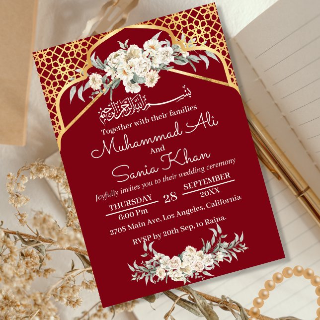 Invitación Maroon Minimal Floral Gold Boda musulmana islámica (Subido por el creador)