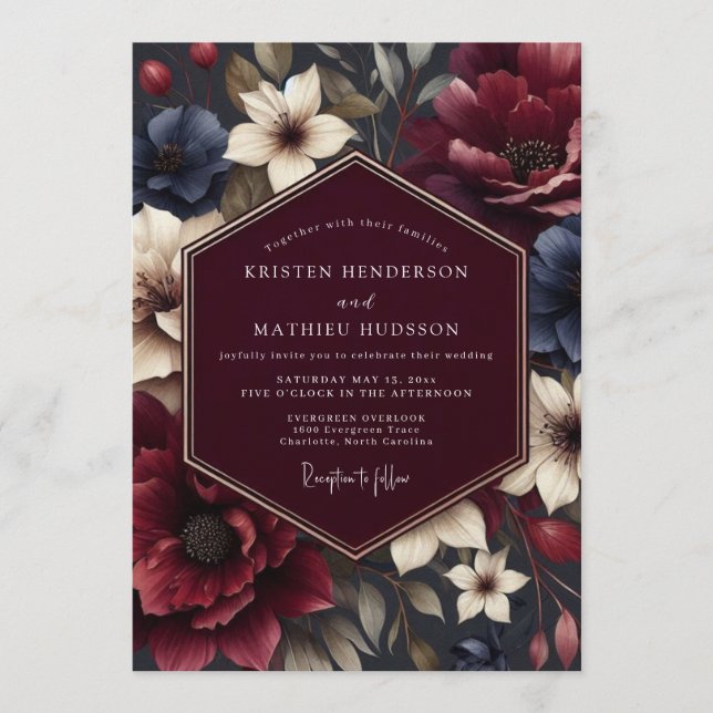 Invitación Maroon Nocturnal Bloom Wedding (Anverso)