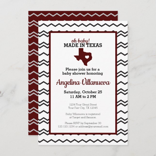 Invitación ¡Maroon Oh Baby! Chevron hecho en la ducha de Texa (Anverso / Reverso)