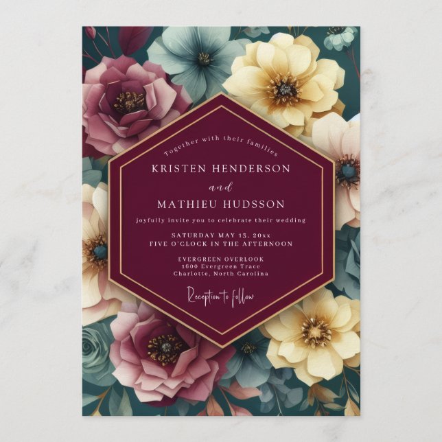 Invitación Maroon Painterly Floral Wedding (Anverso)