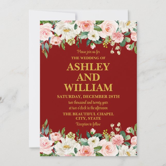 Invitación Maroon Pink & Gold Boho Bohemian Green Boda (Anverso)
