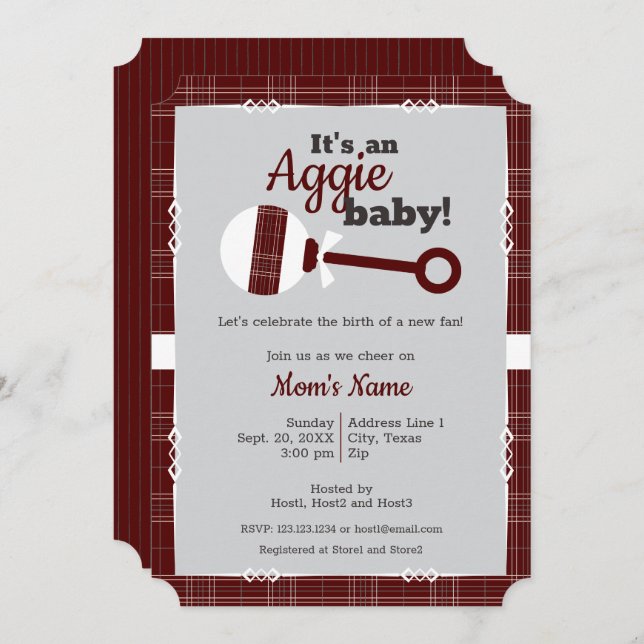 Invitación Maroon Plaid Rattle Aggie Baby Shower (Anverso / Reverso)