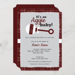 Invitación Maroon Plaid Rattle Aggie Baby Shower