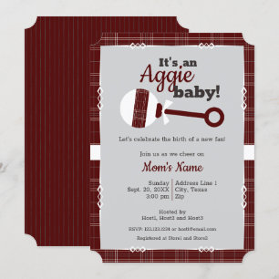 Invitación Maroon Plaid Rattle Aggie Baby Shower