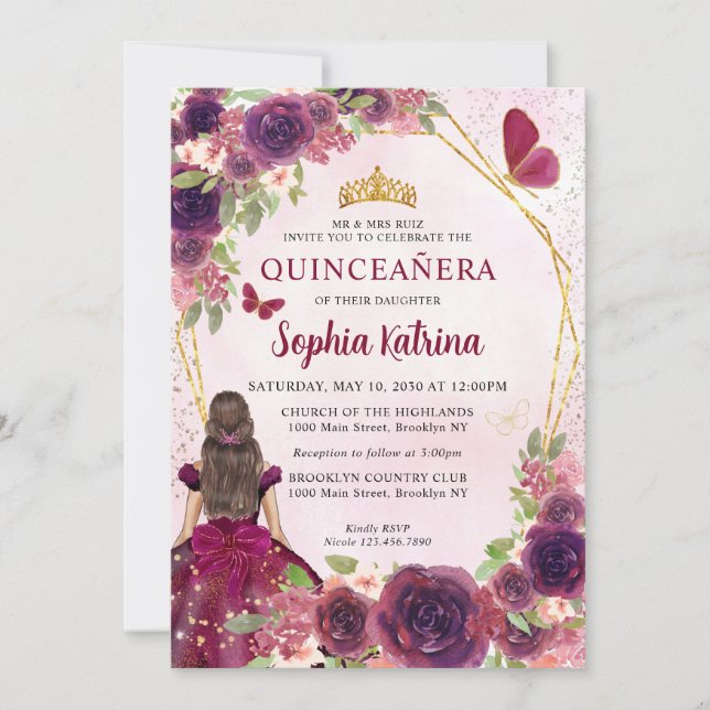 Invitación Maroon Plum Red Gold Floral Princesa Quinceañera (Anverso)