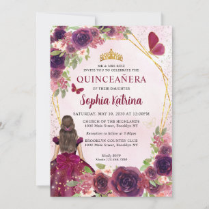 Invitación Maroon Plum Red Gold Floral Princesa Quinceañera