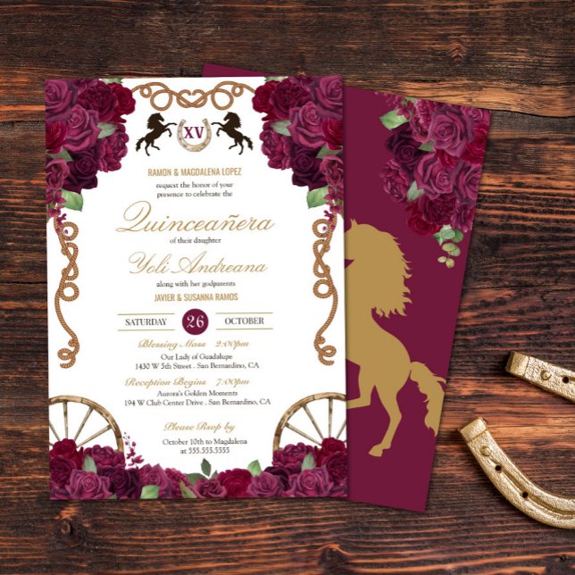 Invitación Maroon Purple Rosas Charra Quinceañera Occidental (Subido por el creador)