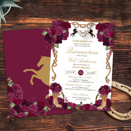 Invitación Maroon Red Rose Floral Occidental Charra Quinceane