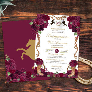 Invitación Maroon Red Rose Floral Occidental Charra Quinceane