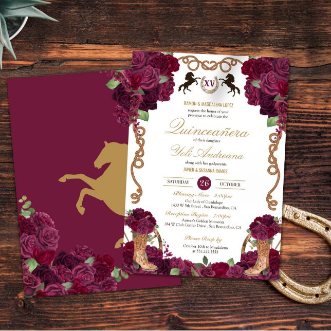 Invitación Maroon Red Rose Floral Occidental Charra Quinceane (Subido por el creador)