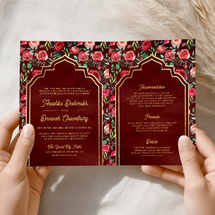 Invitación Maroon Red Roses Floral Gold Indian Boda