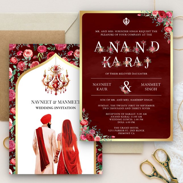 Invitación Maroon Red Typography Anand Karaj Sikh Boda (Subido por el creador)