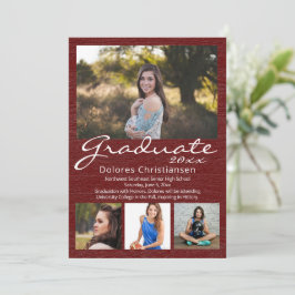 Invitación Maroon Red Woodgrain Modern 4 Photo Graduation