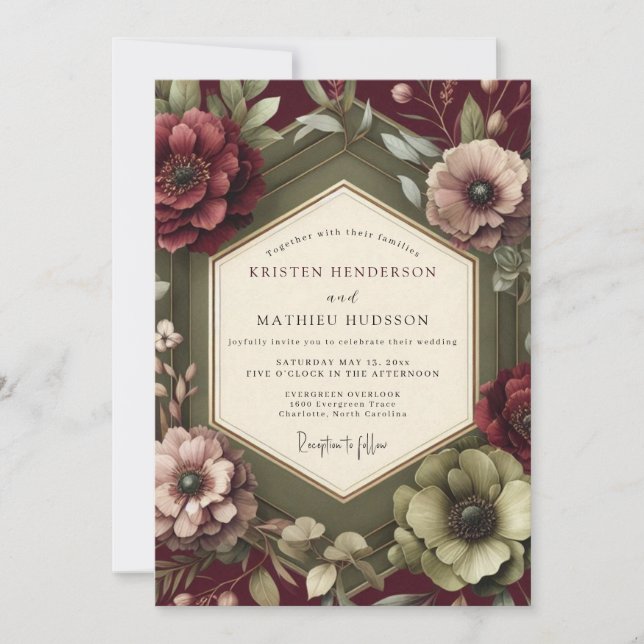Invitación Maroon Renaissance Bloom Wedding (Anverso)