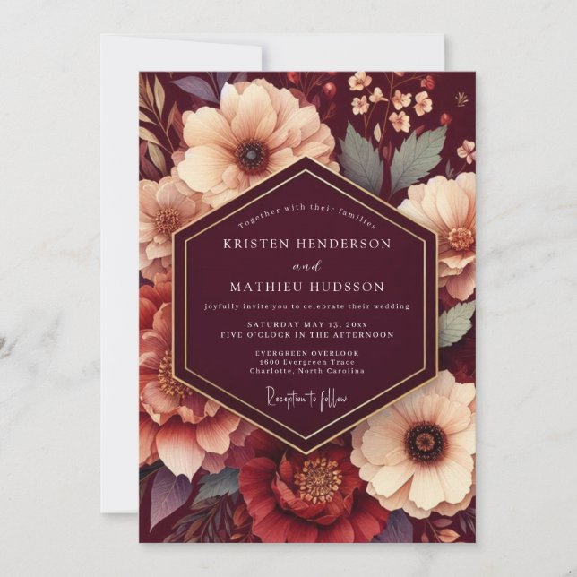 Invitación Maroon Rich Floral Wedding (Anverso)
