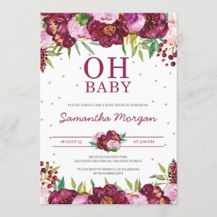 Invitación Maroon rojo color rosa chica floral oh bebé ducha