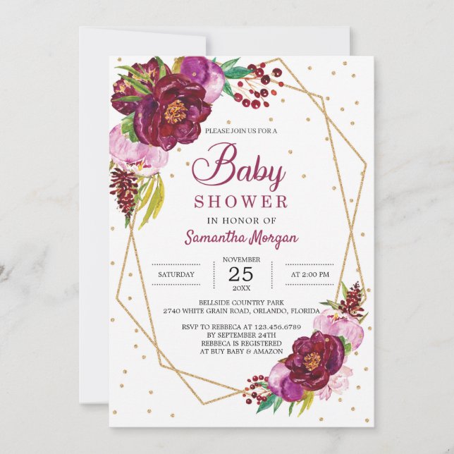 Invitación Maroon rojo intenso dorado boho baby ducha (Anverso)