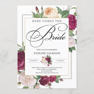 Invitación Maroon rojo profundo burgundy floral dorada ducha 