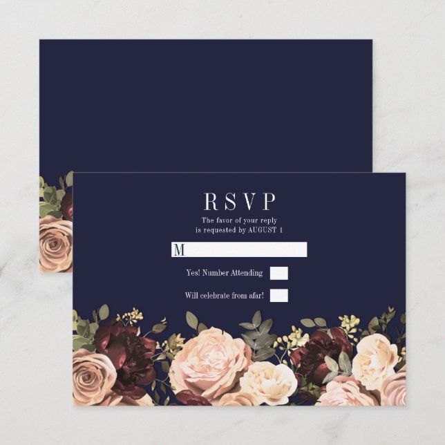 Invitación Maroon rosa Floral Greenery Navy Blue Wedding RSVP (Anverso / Reverso)