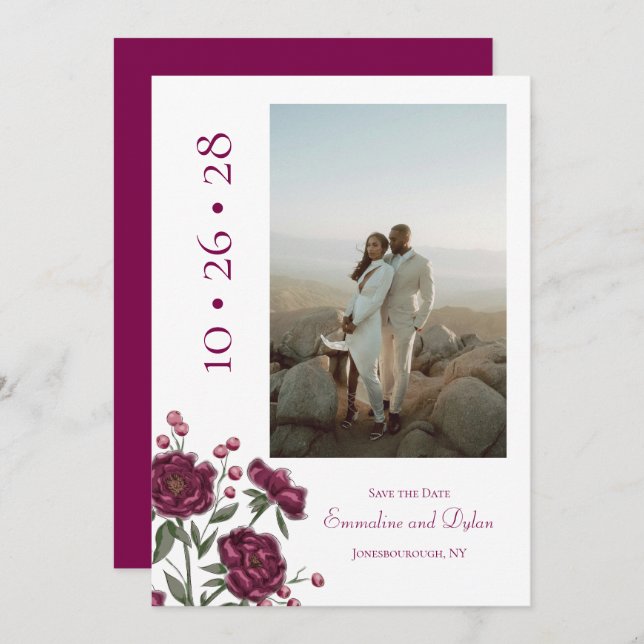 Invitación Maroon Rose Wedding Save the Date (Anverso / Reverso)