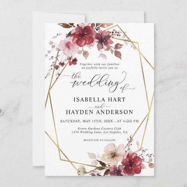 Invitación Maroon Rubor Beige Floral Gold Frame Boda (Anverso)