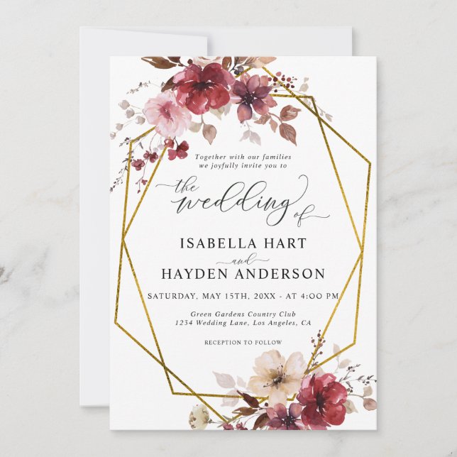 Invitación Maroon Rubor Beige Floral Old Gold Boda (Anverso)