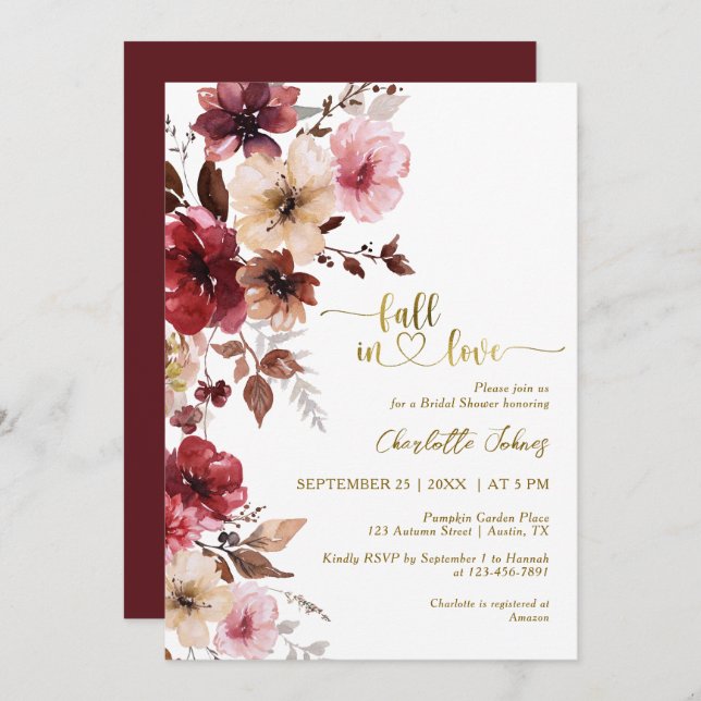 Invitación Maroon Rubor Cae Enamorada Ducha De Novias Boho De (Anverso / Reverso)