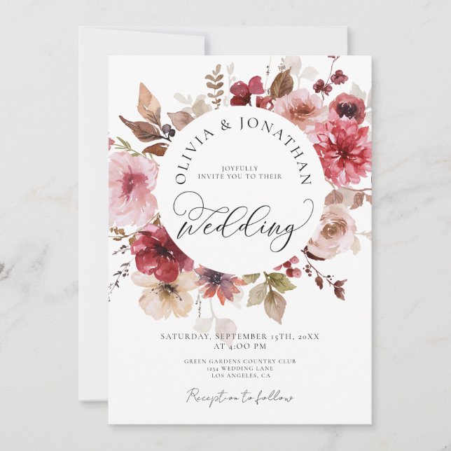 Invitación Maroon Rubor cayó todo en 1 presupuesto Boda de có (Anverso)