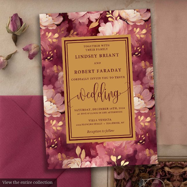 Invitación Maroon Rubor Gold Floral Boda de lujo incansable (Timeless Luxury Maroon Blush Gold Floral Wedding Invitation)
