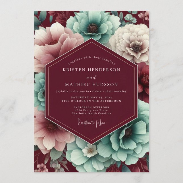 Invitación Maroon & Teal Autumnal Bloom Wedding (Anverso)