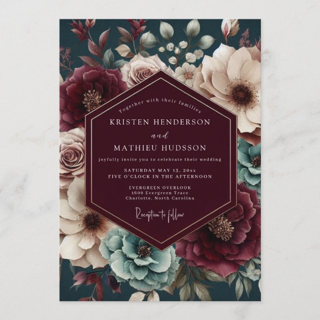 Invitación Maroon & Teal Moody Floral Wedding (Anverso)
