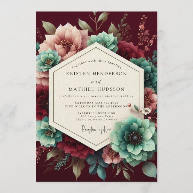 Invitación Maroon Teal Opulent Flora Wedding (Anverso)