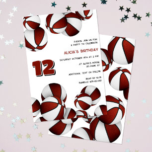 Invitación maroon white basketball niños cumpleaños deportivo