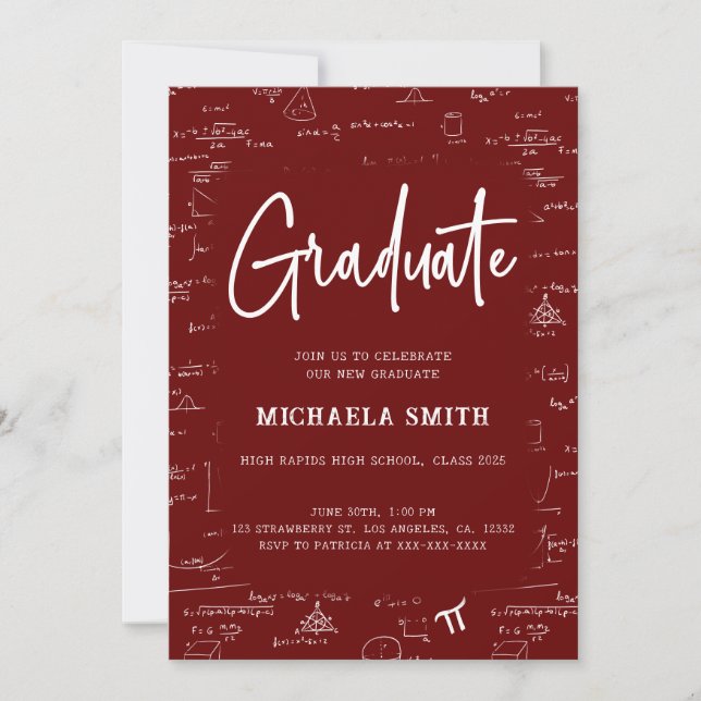 Invitación Maroon White Graduate Math Graduation (Anverso)