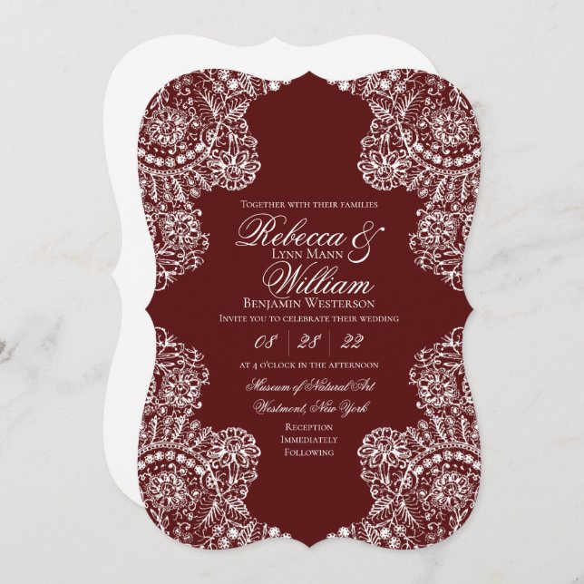 Invitación Maroon White Lace Elegante Boda Vintage (Anverso / Reverso)