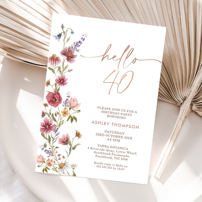 Invitación Maroon Wildflower Hola a 40 Cuarenta Años (Wildflower 40th Birthday Invitation Women, Hello Forty Editable Invitation Template, Boho 40th )