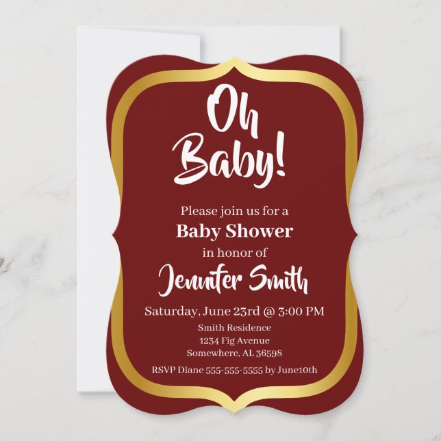 Invitación Maroon y Gold Elegant Baby Shower (Anverso)