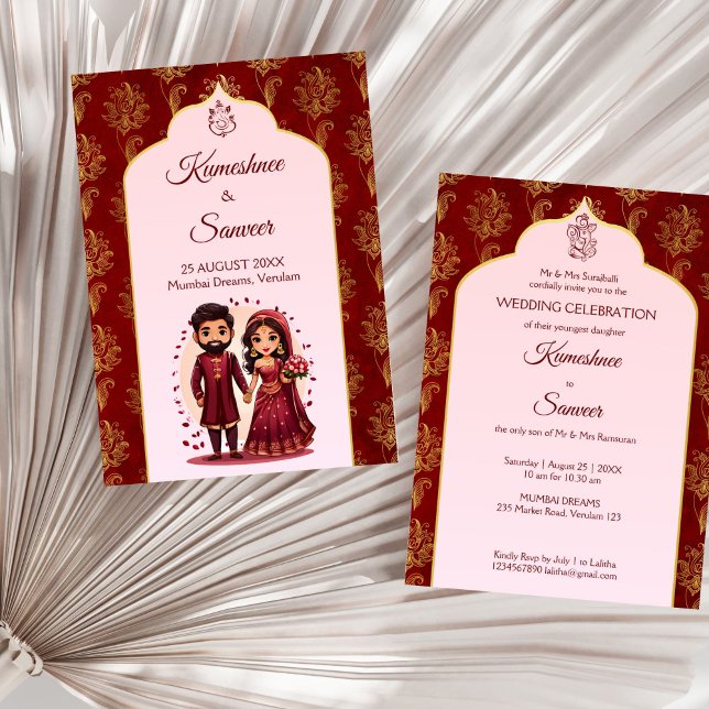 Invitación Maroon y personalizado de pareja de novias india a (Maroon and gold cute Indian bridal couple cartoon Invitation template instant download Hindu wedding)