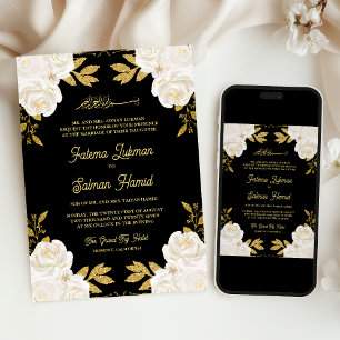 Invitación Marriage Musulmán Negro Brillo Dorado Floral Marfi