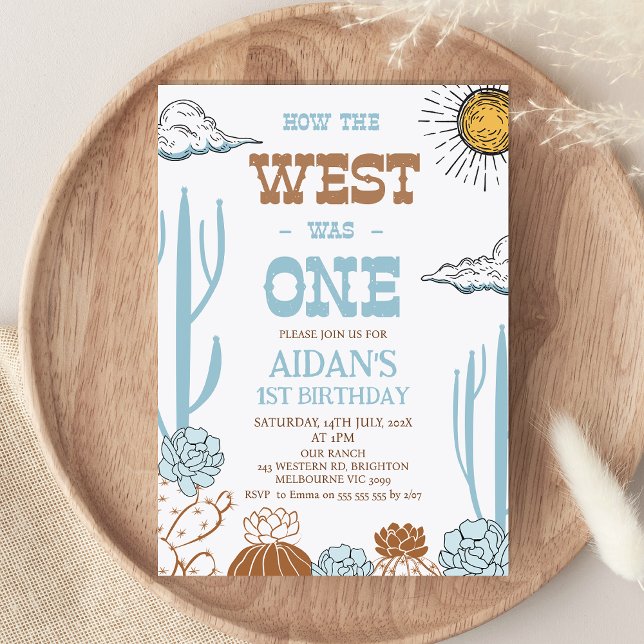 Invitación Marrón azul moderno como Occidente fue un cumpleañ (Modern How The West Was One Birthday Invitation Boy, Retro Wild West Western Themed 1st Birthday)