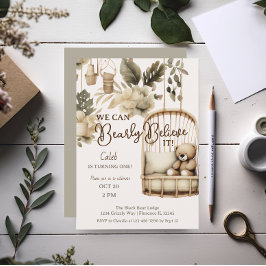Invitación Marrón Bear boho botánico primer cumpleaños