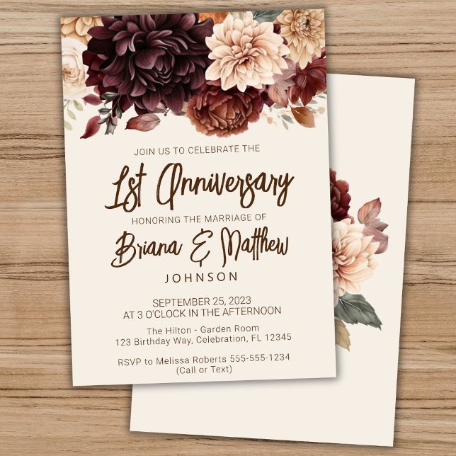 Invitación Marrón beige marfil floral primer aniversario Boda (Subido por el creador)