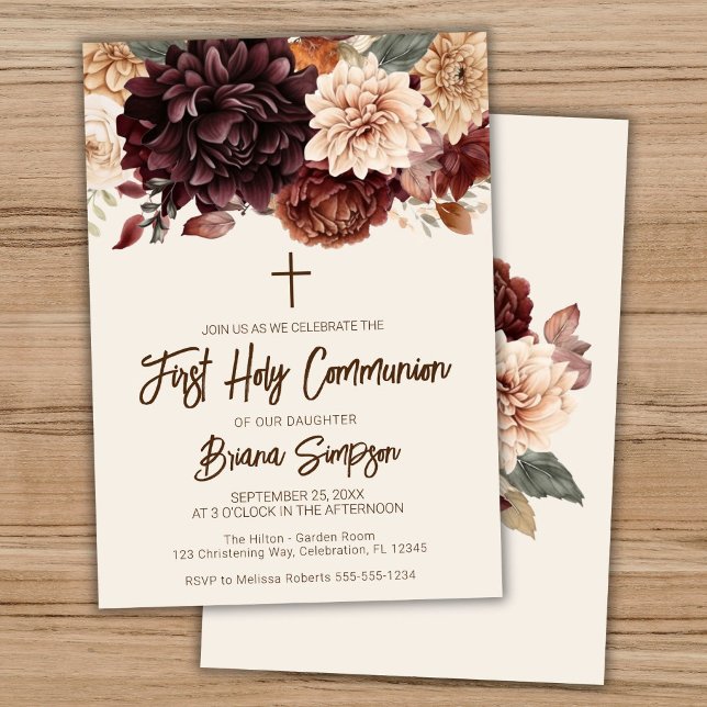 Invitación Marrón Beige Marfil Floral Primera Santa Comunión (Subido por el creador)